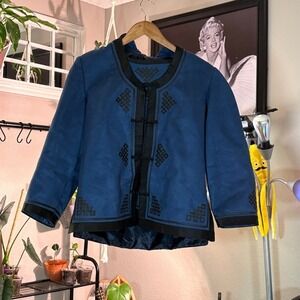 Blue‎ Embroidered Asian Inspired Jacket Mandarin Collar Women's Coat